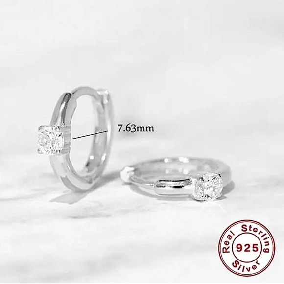 Sterling Silver Diamond Hoop Huggie Minimalist Earrings - Picture 2 of 4